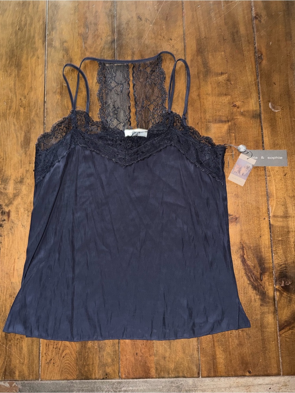 NWT Lola & Sophie Real Silk Black Lace Camisole Tank Top